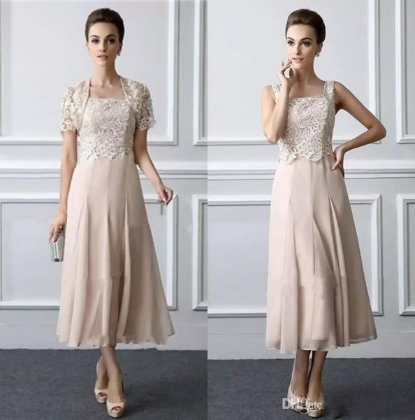 

elegant tea length mother of the bride dresses lace formal gowns with jacket square neck two pieces mothers groom dress, Black;red