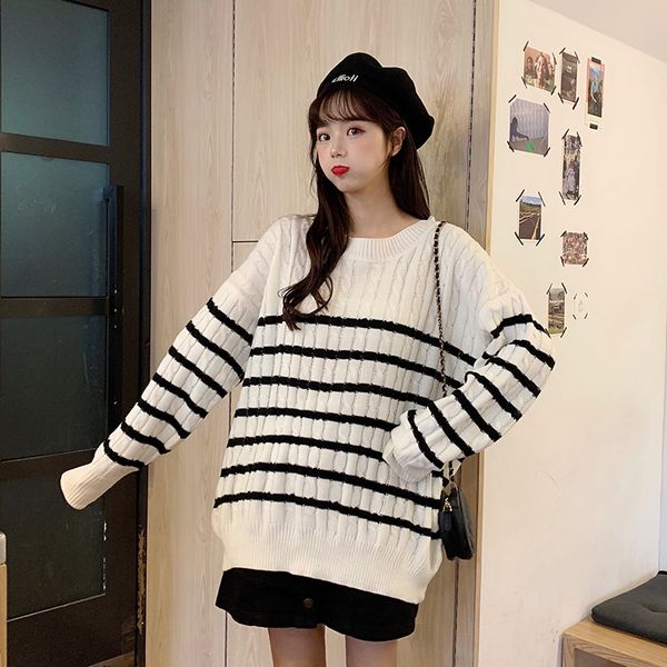 

new korean style long sleeve knitted pullovers sweaters spring autumn women's clothing fashion brand striped loose casual, White;black