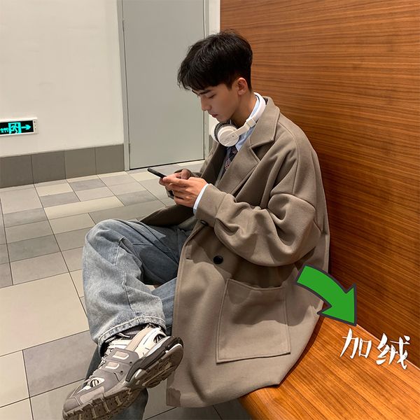 

2019 autumn and winter new plus velvet thick solid color double-breasted mid-length couple woolen fashion casual jacket coat, Black