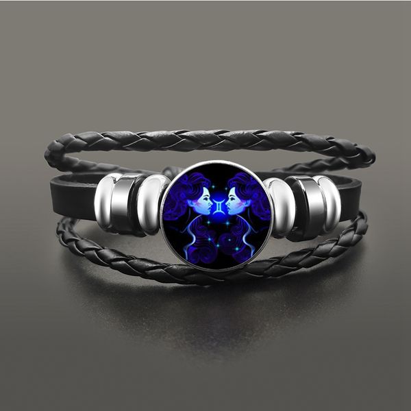 

vintage zodiac sign 12 constellation bracelet punk glass cabochon leather snap button bracelets for women men jewelry, Golden;silver