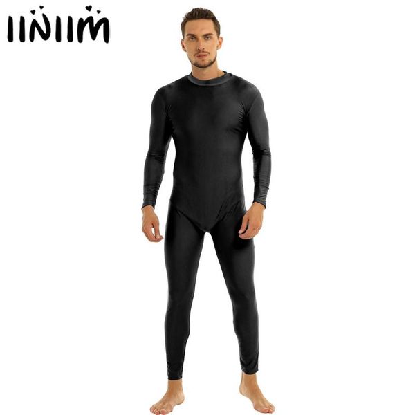 

well fit men's clothing mock neck overalls costumes skin-tight solid color unitard bodysuit leotard bodystocking dancewear, Black