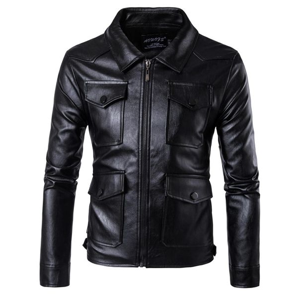 

ouma 2018 new style casual men locomotive leather coat multi-pockets large size leather jacket coat m-5xl d079, Black