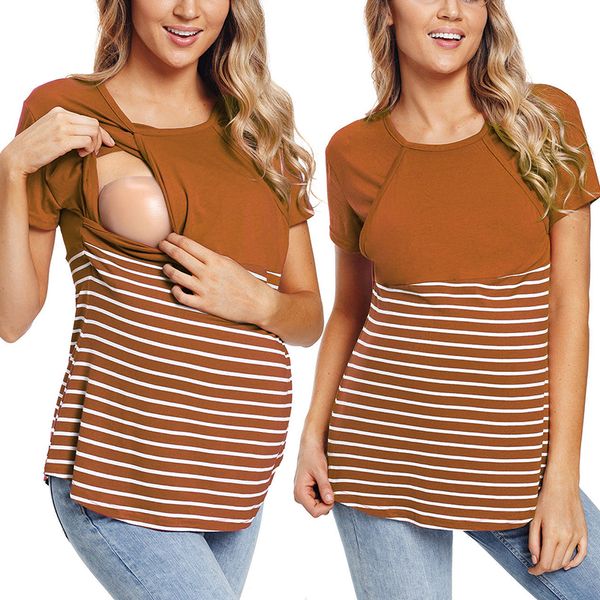 

pregnant ladies casual striped spliced breastfeeding blouse short sleeve crewneck, White