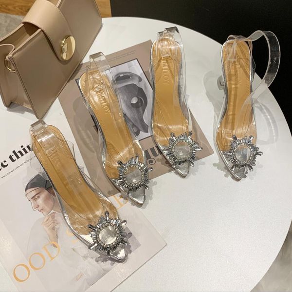 

women's transparent crystal shoes sandals with pointed toes xia 2020 new word with water diamond baotou heels, Black