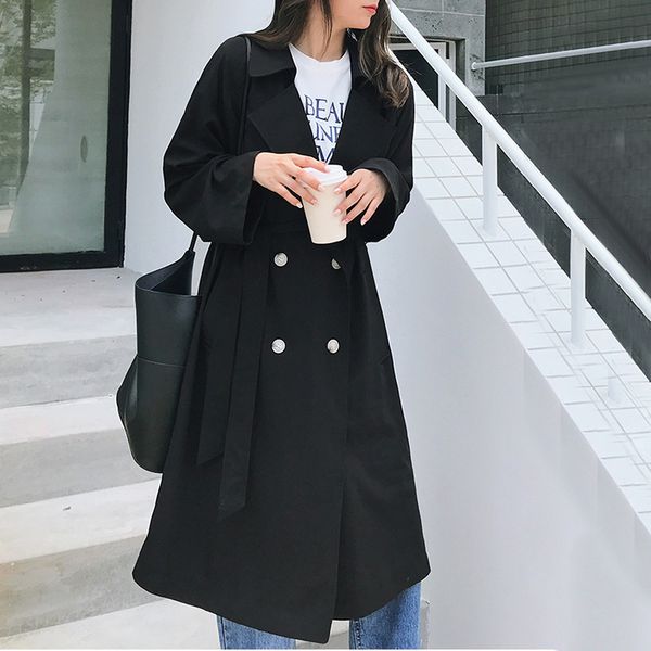 

sexemara 2019 autumn new trench back pleasted sashes empire waist double breasted ladies fashion loose long coat cco018, Tan;black