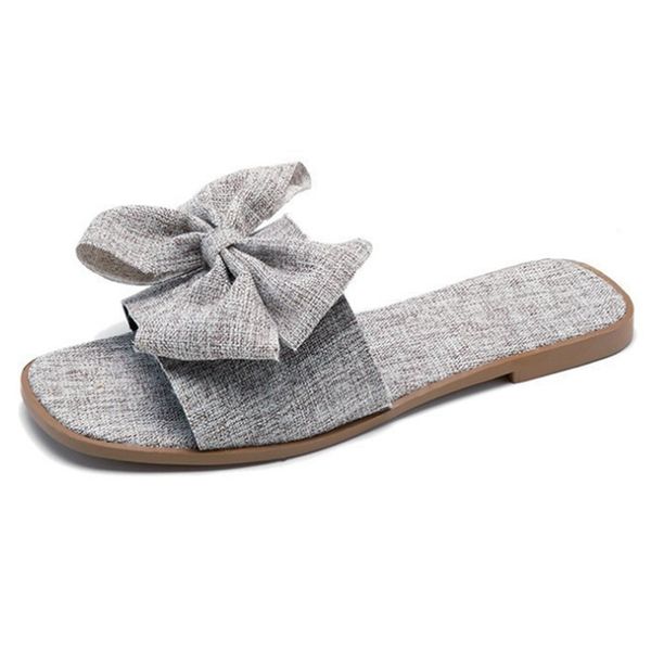 

bow linen breathable flat beach sandals fashion beach outdoor flat slippers, Black