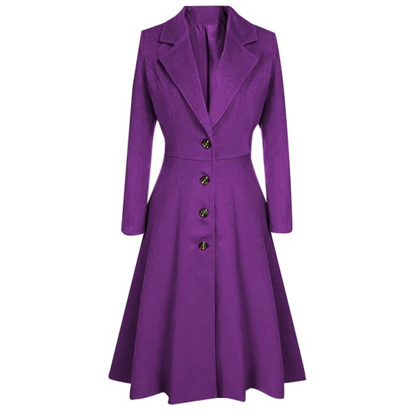 

winter woolen coat womens lapel button long trench coat jacket elegant purple long sleeve ladies parka overcoat outwear clothes, Black