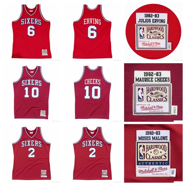 

julius erving moses malone 1982-83 authentic jersey mitchell & ness philadelphia 76ers hardwoods classics maurice cheeks 1982-83 roa, Black;red