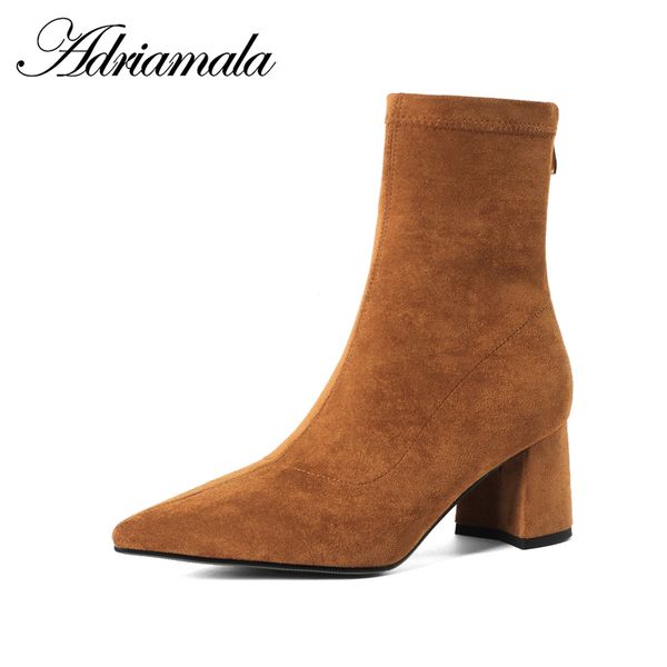 

2018 stretch fabric ladies high heel boots mid-calf basic pointed toe square heel zipper motorcycle boots for women adriamala, Black