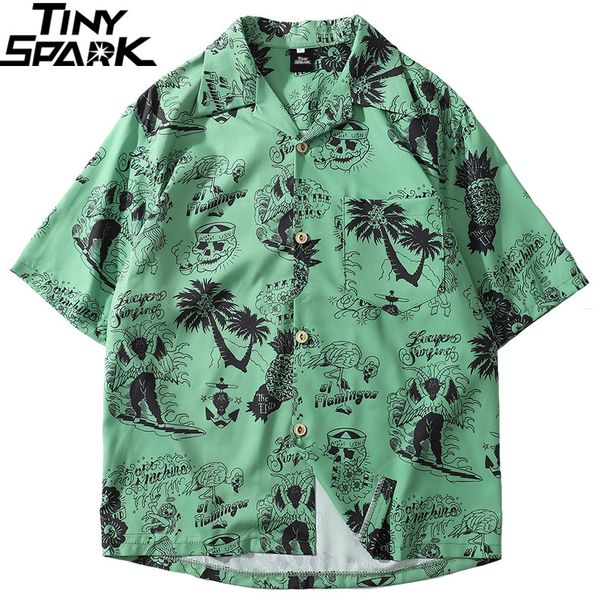 

2019 hip hop shirt streetwear men hawaiian shirts graffiti skull tree harajuku summer beach shirt green short sleeve casual, White;black