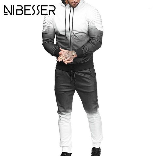 

nibesser casual streetwear men set fashion 3d print pleated sweatshirt pants suit autumn plus size jacket trousers tracksuit 3xl1, Gray