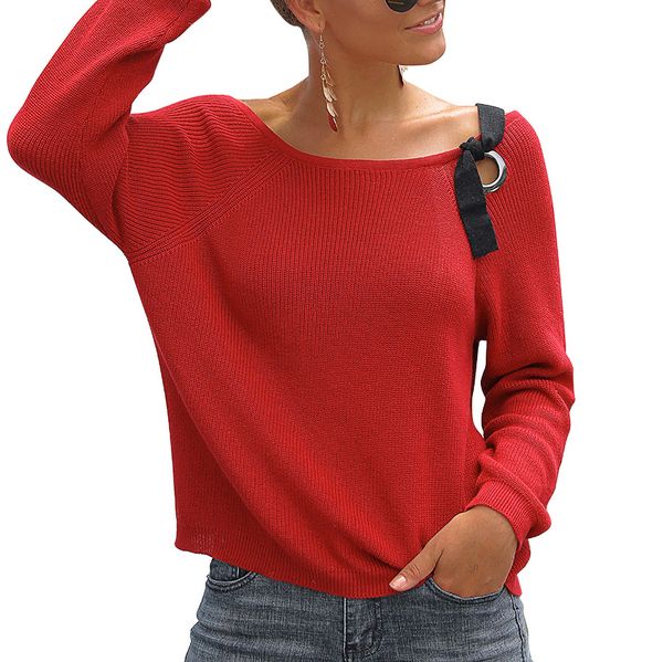 

new women's off-the-shoulder round neck lace-up pullover short knit sweater fashion ladies comfortable soft dropshipping, White;black