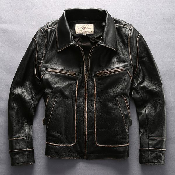 

dhl men's genuine leather jacket spring outwear cowhide vintage motorcycle rider black jacket for male