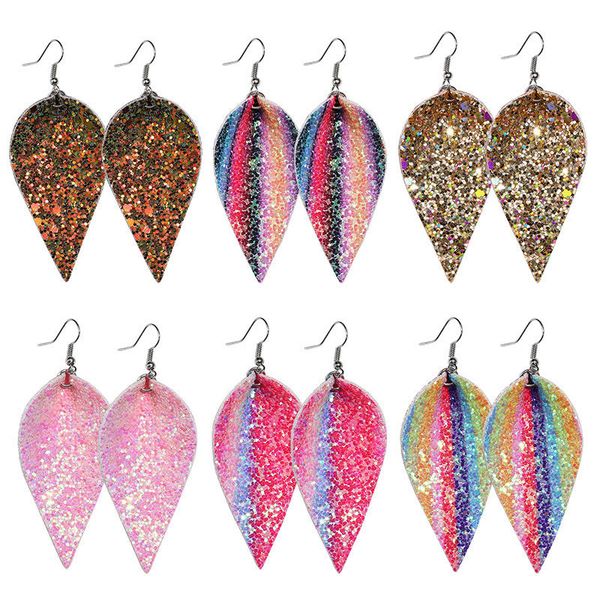 

new fashion pu leather paillette earrings leaf shape dangle hook earring eardrop jewelry for women gift, Silver