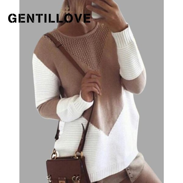 

gentillove 2019 autumn fashion women pullover patchwork knitted openwork sweater long sleeve female casual o neck loose sweaters, White;black