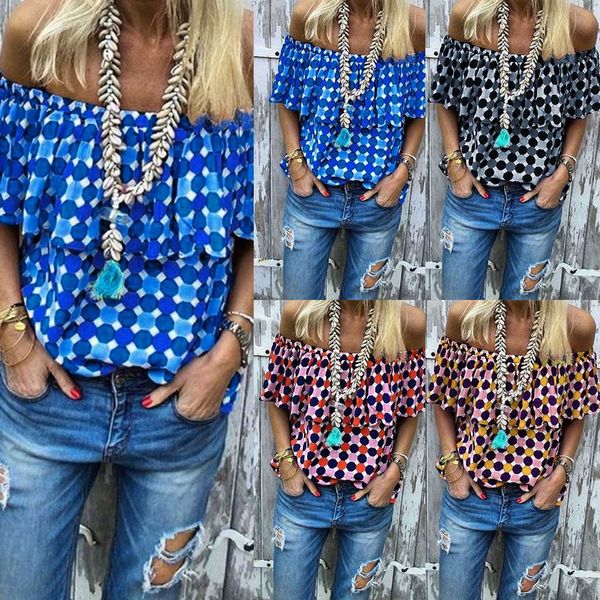 

camisetas verano mujer 2019 women casual dot print ruffles slah short sleeve strapless loose shirt tee womenÂ clothesÂ 40, White