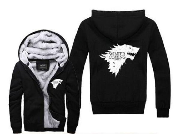 

game of thrones house of stark graphic super warm thicken fleece zip up hoodie men's coat black ing