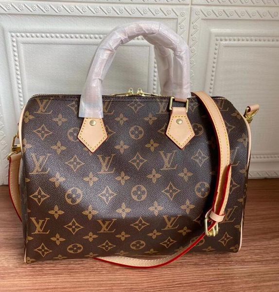 

2020 fashion 100% genuine leather shopping bag speedy handbag 30/35 with lock and key tote shoulder bag classic canvas bag