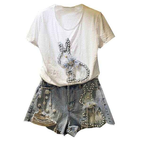 

the antique white female fashion nail bead hole denim shorts shuhua207, Blue