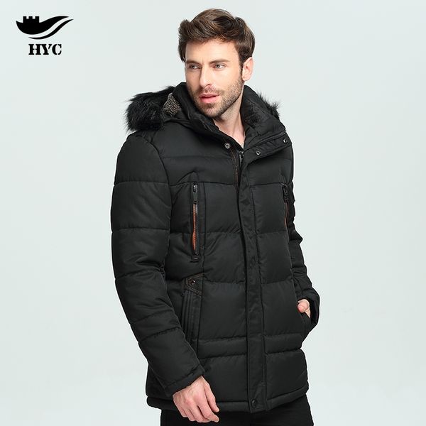 

hai yu cheng parka winter fashion jacket coat puffer jackets mens overcoat long parka men hood fur collar fleece lining pockets, Black