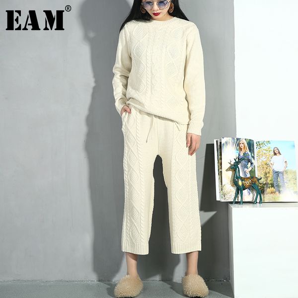 

eam] 2019 new spring round neck long sleeve beige knitting loose wide leg pants two piece suit women fashion tide as11, White