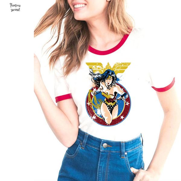 

summer t shirt anime wonder woman printed lovelty cartoon funny casual tee shirt femme short sleeve ladies, White