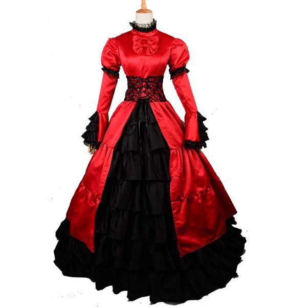 

red victorian party dress 19 century period theater medieval renaissance dress retro steampunk costumes civil war ball gown, Black;red