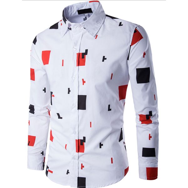 

2018 mens casual long sleeve shirt business slim fit shirt printed blouse top, White;black