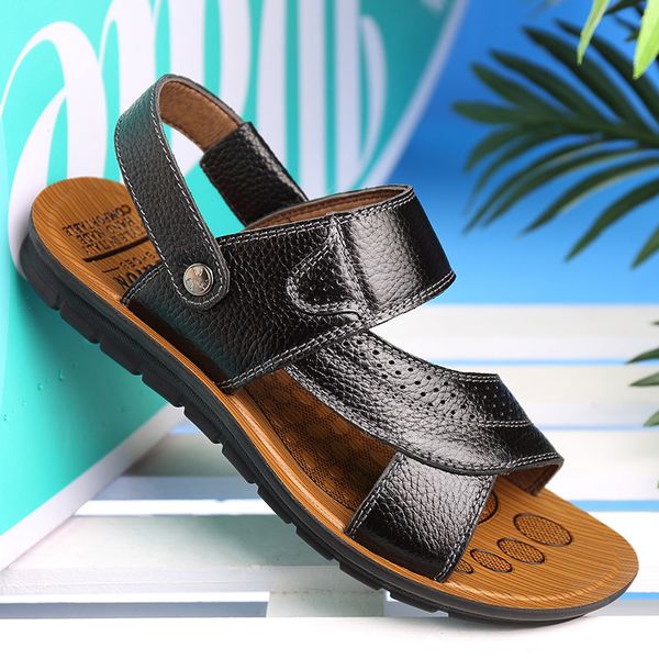 

men shoes 2019 new style summer sandals leather boot scholar anti-slip leather sandals really, Black