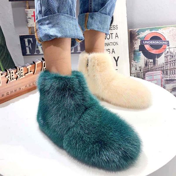 

2020 new winter warm fur boots fashion real ankle boots snow boot flat botas mujer ladies flats rubber shoes woman, Black