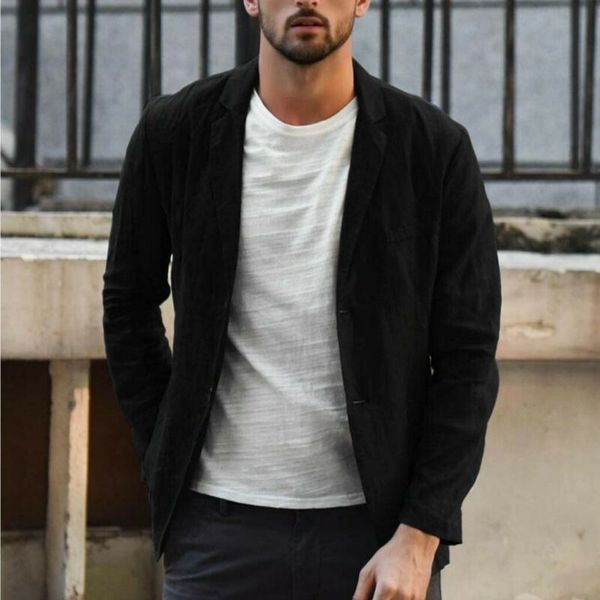 

men spring autumn jacket slim solid fit collar cotton coat casual outwear linen single button jacket coats, Black;brown