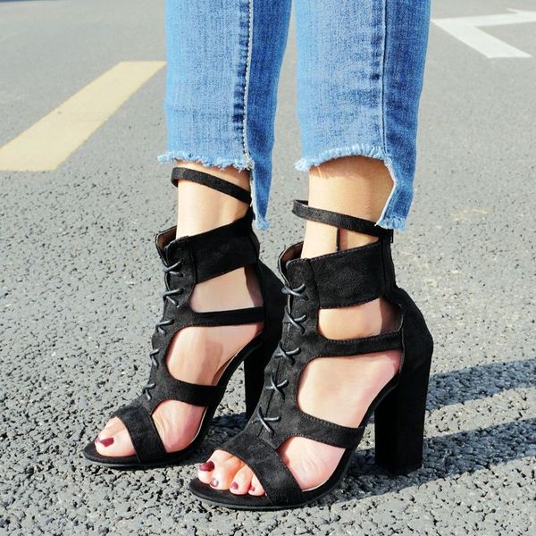 

parkside flock women sandals gladiator high heels strap pumps lace-up female shoes fashion summer ladies shoes, Black