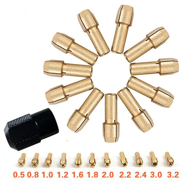 

brass collet chuck 0.5/0.8/1.0/1.2/1.6/1.8/2.0/2.2/2.4/3.0/3.2mm + m8*0.75 12 pcs fits dremel rotary tools dremel accessories