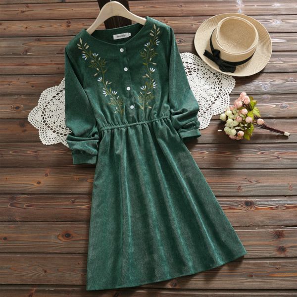 

women luxury long sleeve dress designer flower embroidered mori style fresh natural dresses women casual dresses, Black;gray