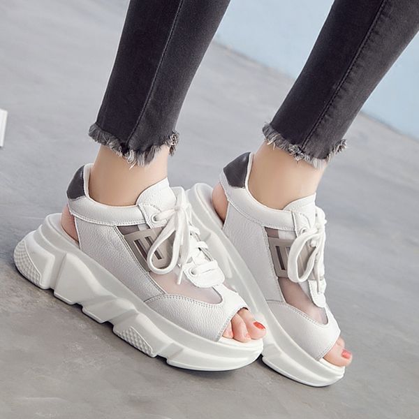 

women's sandals 2019 summer muffin thick bottom fish mouth sports sandals with breathable mesh pu leather women casual shoes, Black