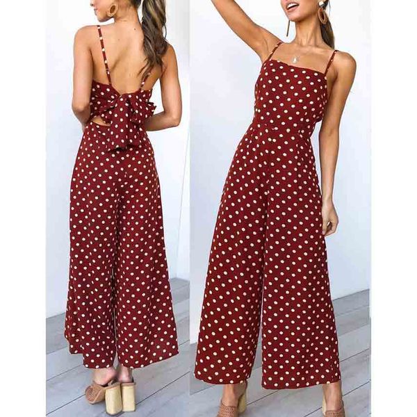 

new sleeveless jumpsuit women long romper summer lace up back bow bodysuit dot trousers beach coveralls playsuit female frock, Black;white