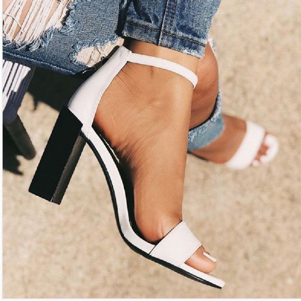 

summer women high heels gladiator sandals chunky high heels open toe ladies shoes buckle strap white sandals zapatos mujer, Black