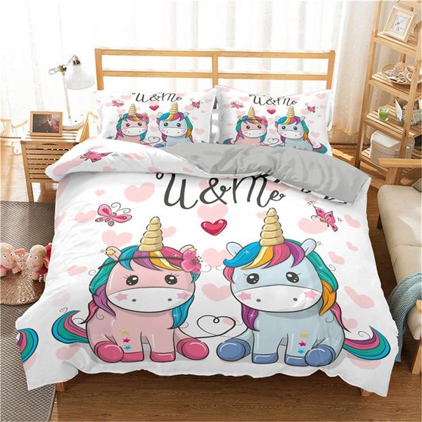 

boniu cute cartoon unicorn printed 3d bedding set animal duvet covers luxury bedclothes single  king size bed set