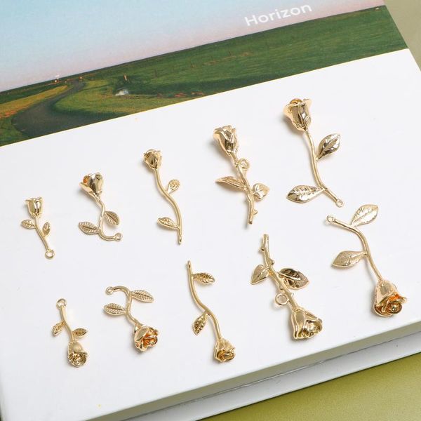 

gold plated copper retro stereo rose leaves flower pendant diy ornament earrings ear stud accessories material, Blue;slivery