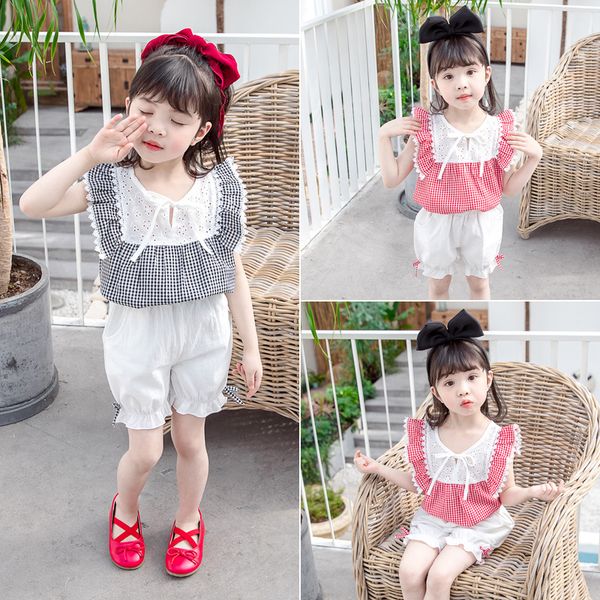 

summer wholesale baby girls sets hollow lace plaid with shorts 2020, White