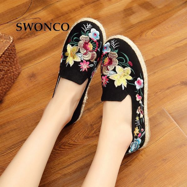 

swonco women's flats 2019 spring summer retro embroidery fisherman's shoes women's slip on shoes canvas loafers woman flats s, Black