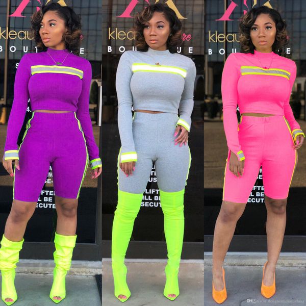 

fashion designer women reflective ribbon strip 2pcs shorts suits summer solid color casual clothing fashion female tracksuit, Gray