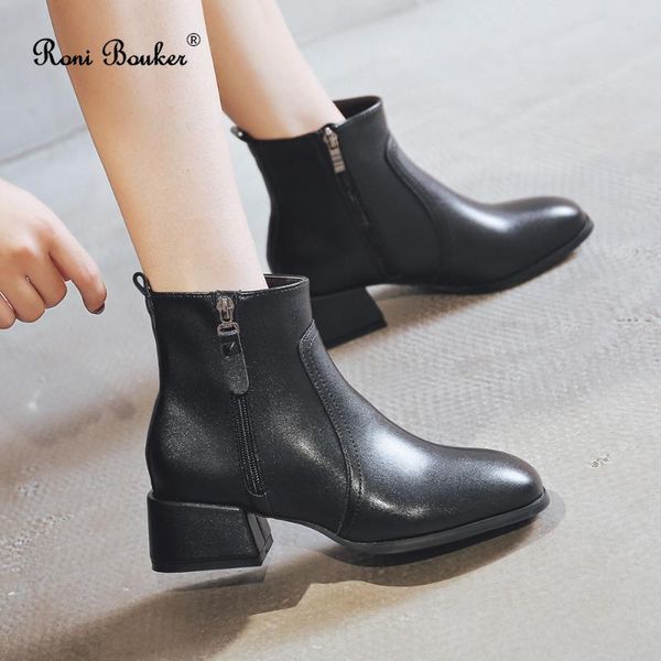 

roni bouker ankel boots for women office outdoor shoes woman square toe zipper low heels black leather ladies footwear size35-42