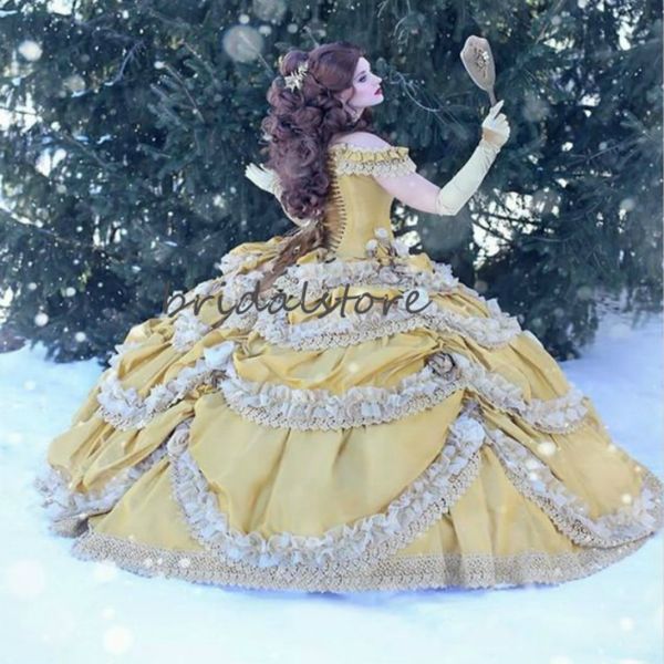 

fantastic gold quinceanera dresses elegant off the shoulder floral sweet 15 dresses vintage medieval masquerade prom dresses ball gown 2020, Blue;red