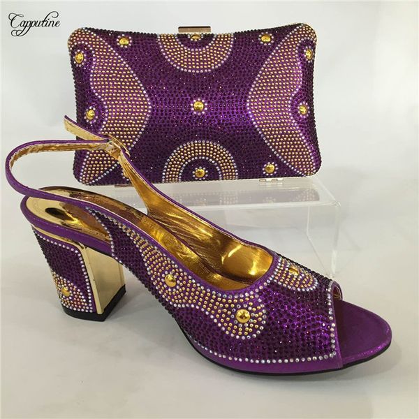 

graceful purple with rrhinestones african shoes and handbag set elegant sandal shoes with bag gy15, heel height 6cm, Black