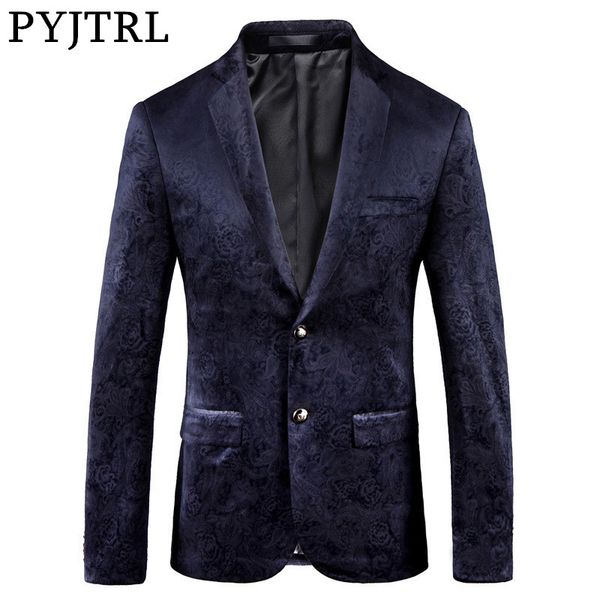 

pyjtrl male retro vintage navy blue floral print casual velvet blazer homme design casacas men coat slim fit suit jacket, White;black