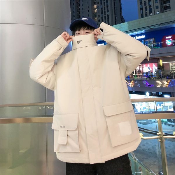 

winter jacket men's warm thicken fashion parka men solid color casual stand collar coat street wild loose cotton workwear jacket, Black