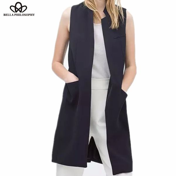 

new stylish spring/summer blazer vest coat women stand collar long suit vest black white dark blue with two pockets outwears