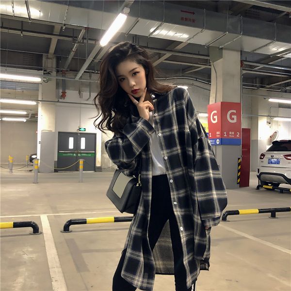 

plaid oversize grid loose casual loose women shirts 2019 new autumn new fashion plus size blouse shirt women streetwear, White