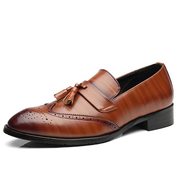 

formal brogue shoes men tassel british style carved split leather shoes slip on business mens plus size 48, Black
